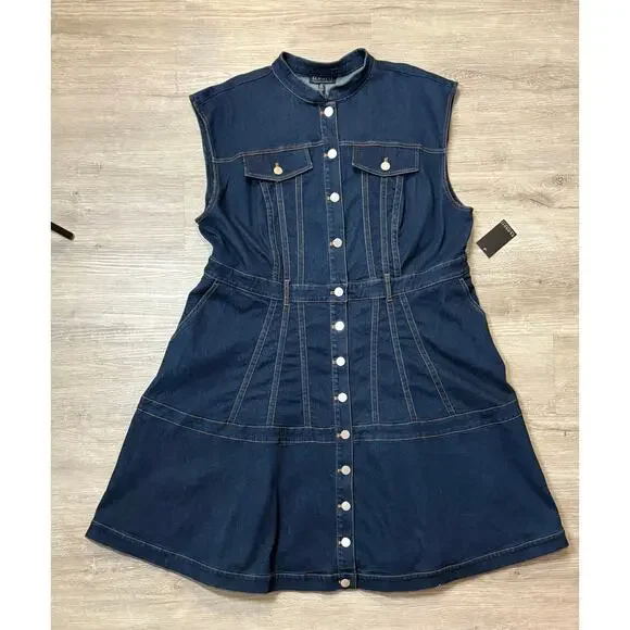 NWT ELOQUII Fit Flare Denim Midi Dress Dark Wash Stretch Casual 3X 24 Plus Curvy - Picture 7 of 11